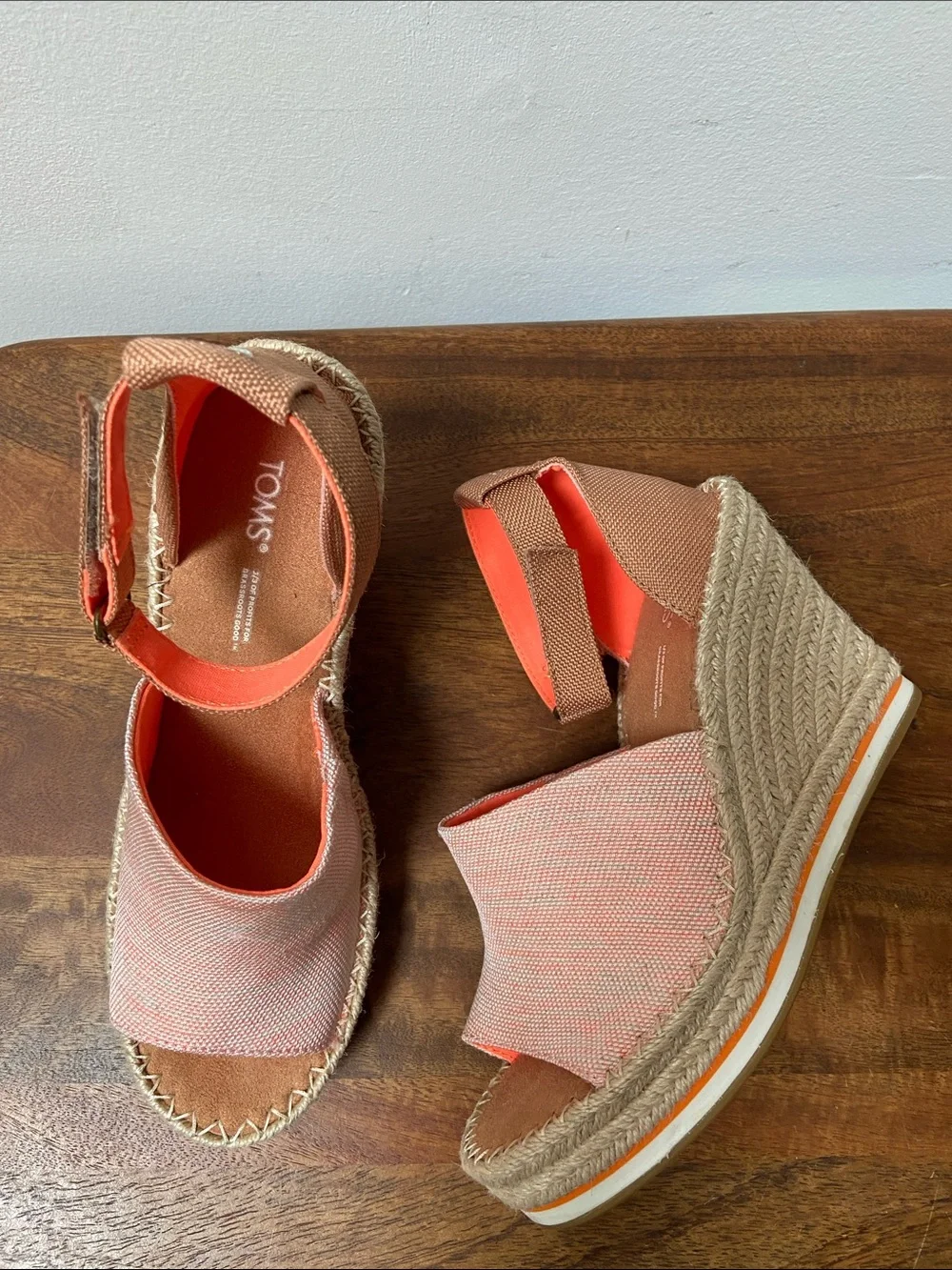 TOMS Pink Canvas Espadrille Wedge Sandals with Tan Ankle Strap